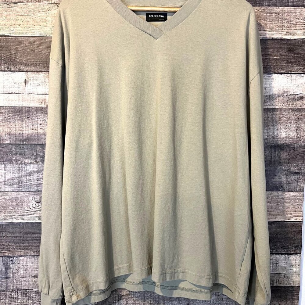 Aritzia Golden TNA Lennox Long Sleeve Shirt L Oversized Olive Tan Neutral V-Neck